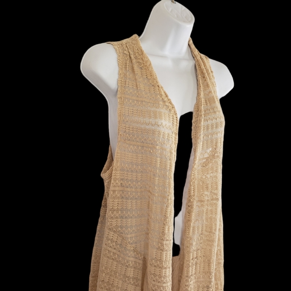 STUDIO JPR Knit Crochet Light Tan Open Cardigan Sweater Womens L EUC Boho Fringe - Picture 4 of 13